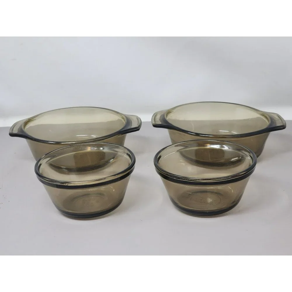 Vintage‎ Lovenware Amber Glass Casserole Dishes & Bowls Set Of 4 With Handles